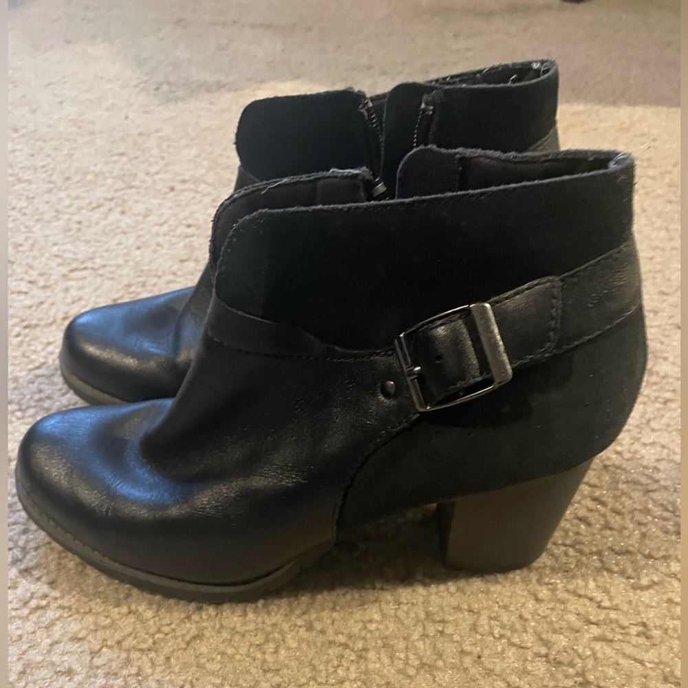 Clarks Black Heeled Ankle Boots with Buckle, Size 8M